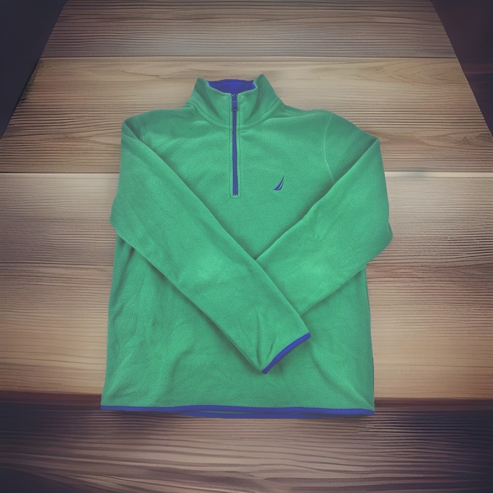 Nautica Quarter Zip Fleece Pullover Green Blue Spellout Collar Men's XS